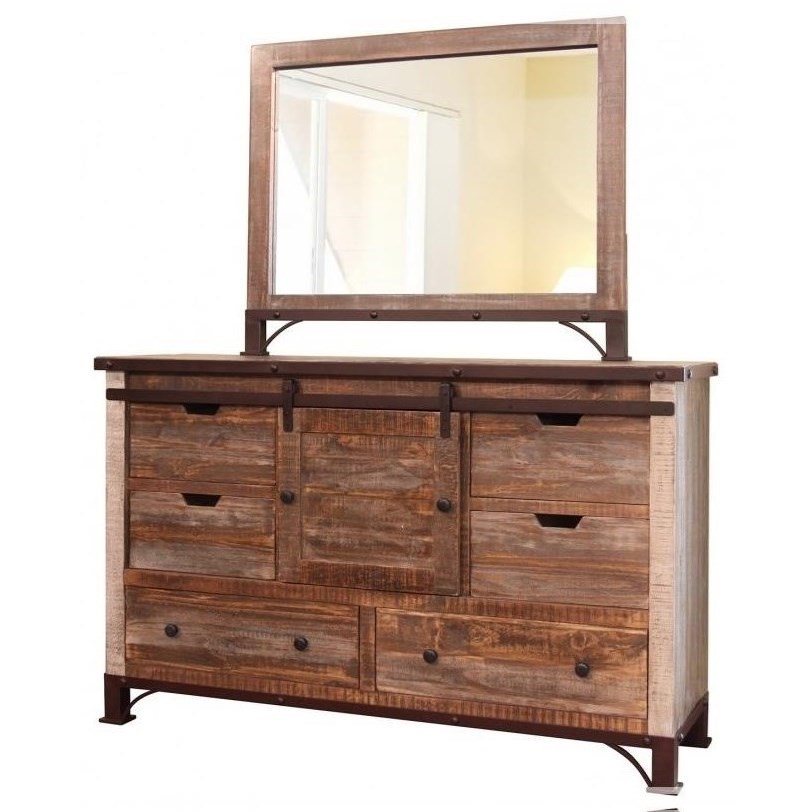 900 Antique IFD969DSR Rustic Six Drawer Dresser with Sliding Door